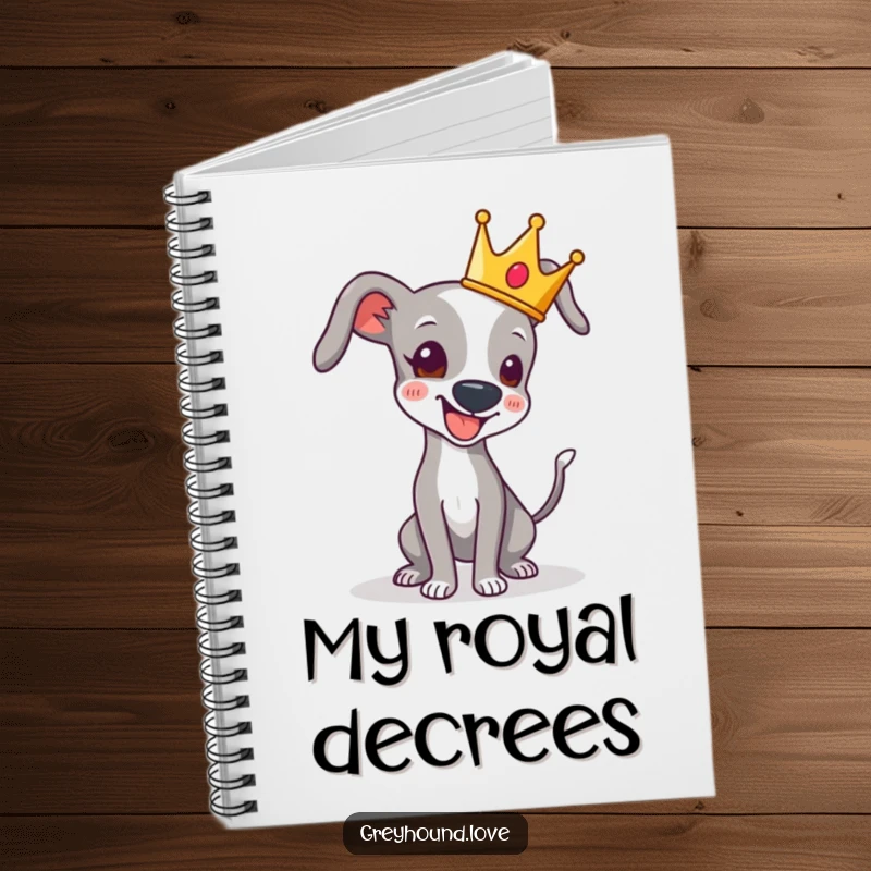 Funny notebook cover art of a greyhound with a crown, tail wagging happily, inspiring playful royal thoughts.