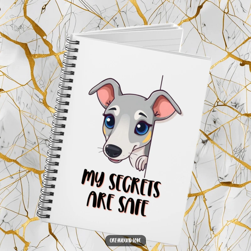 Funny Greyhound Notebook featuring a dog peeking with bright eyes, perfect for noting down ideas with humor.