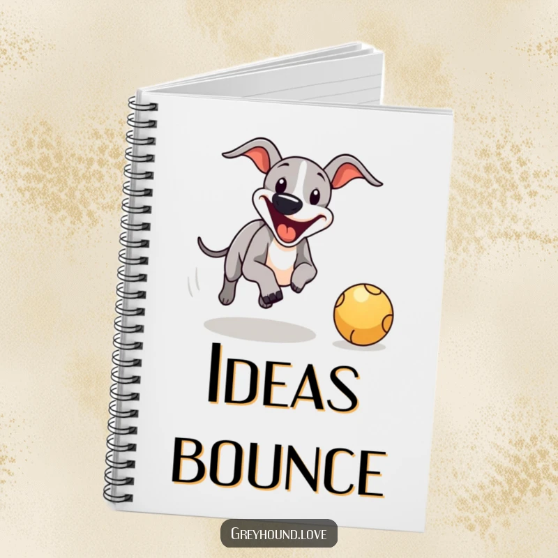 Funny greyhound ball chase notebook, perfect for jotting down ideas with a happy dog in pursuit.