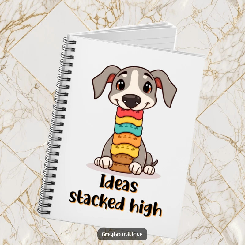 Funny greyhound biscuit balance notebook, perfect for jotting down ideas with a talented dog balancing treats.