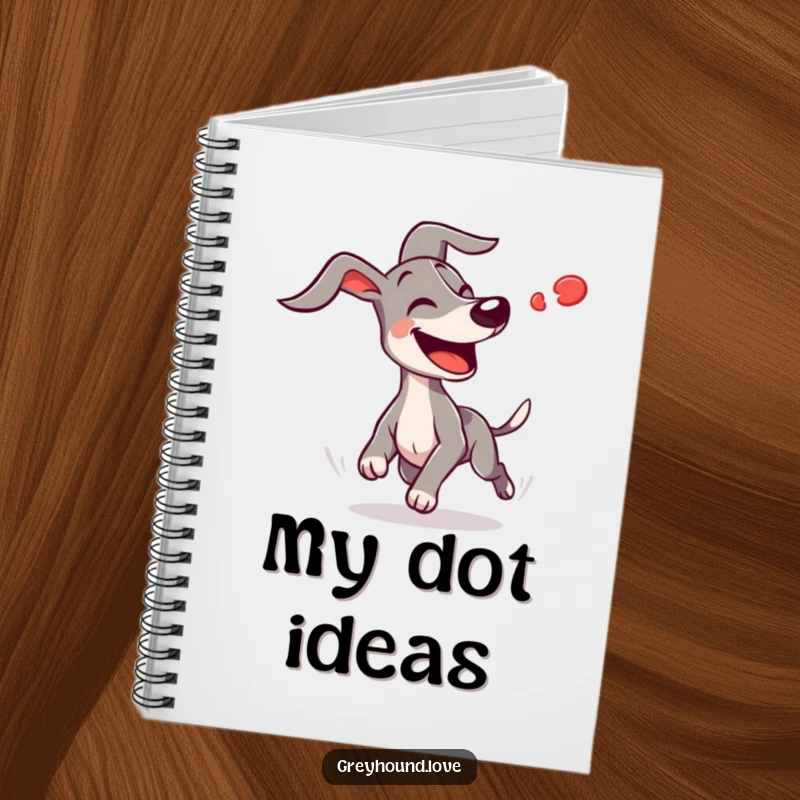 Funny joyful greyhound with ears flapping wildly chasing a blurred red dot on this notebook, ideal for jotting down energetic notes.