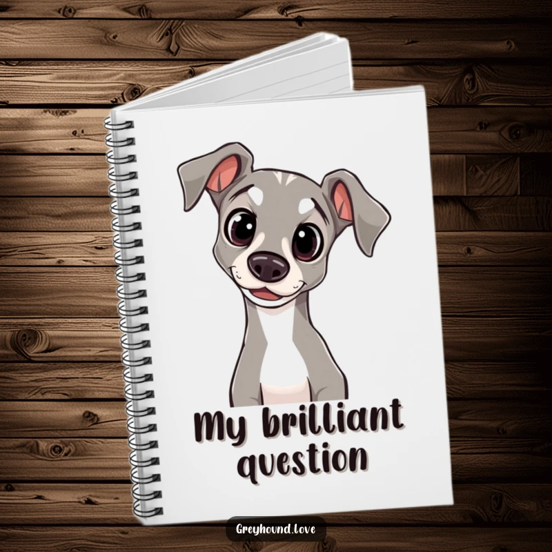 Funny Notebook with a greyhound’s wide, innocent eyes and curiously tilted head, ideal for notes and creative exploration.