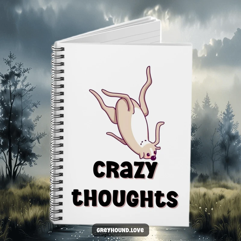 Funny Notebook with a greyhound character performing a silly somersault, ideal for notes, doodles, and creative ideas.