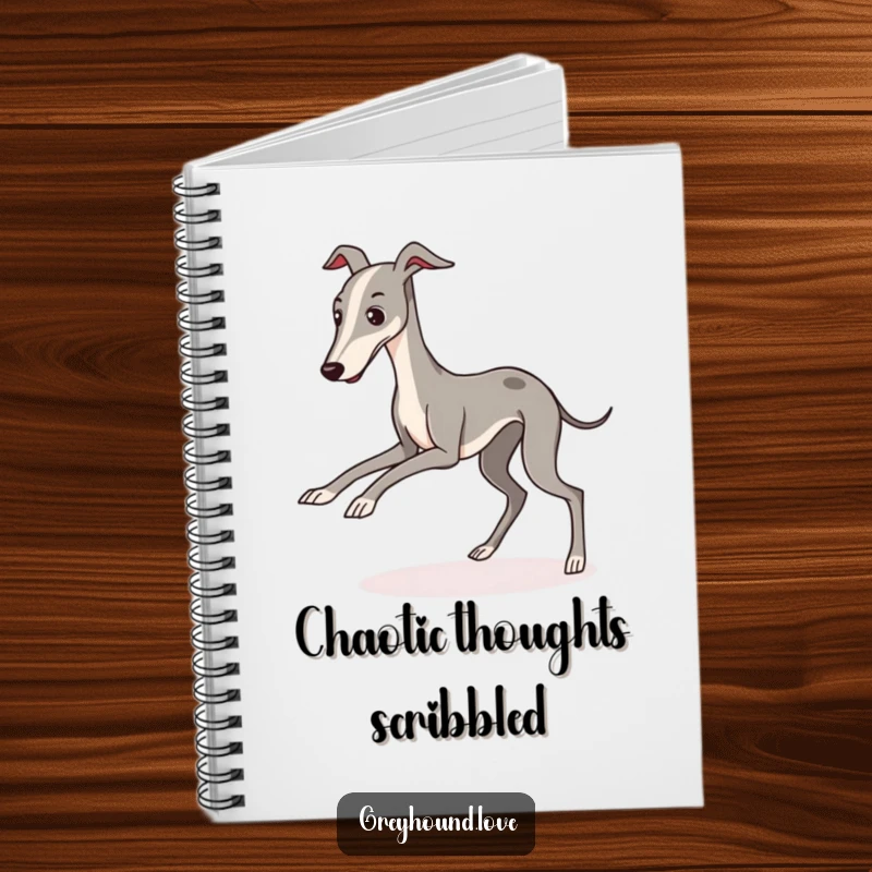 A notebook cover featuring a kawaii greyhound character comically tripping, ready for your notes.