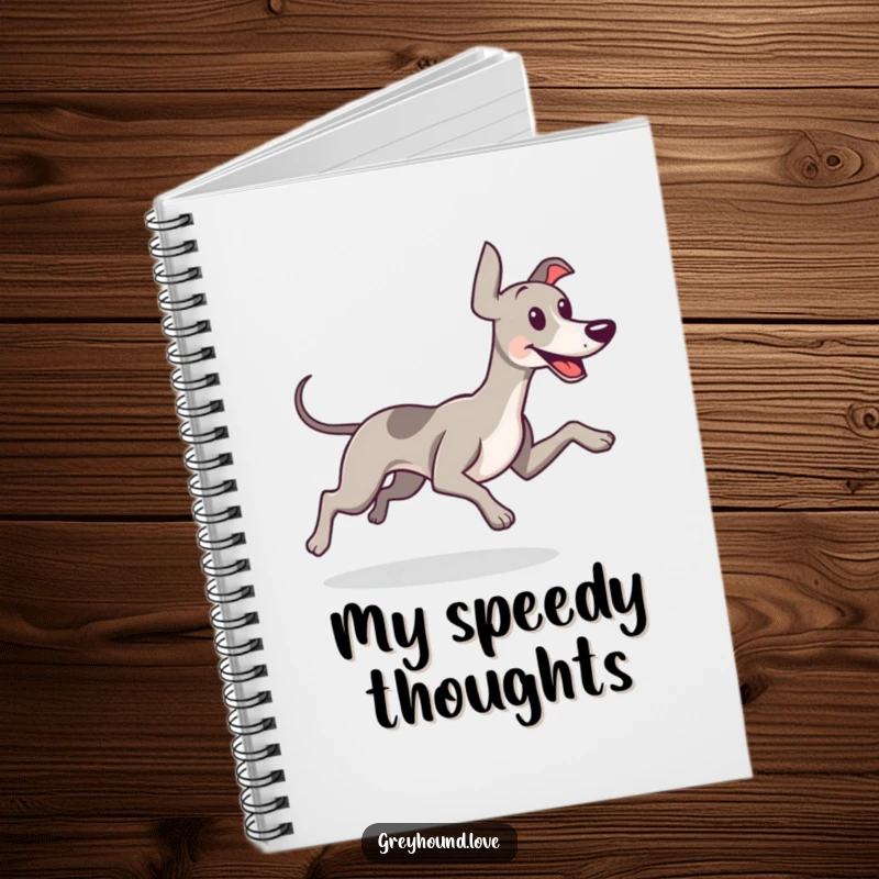 Funny notebook cover of a greyhound running joyfully, tail wagging furiously, ready to capture your best ideas.