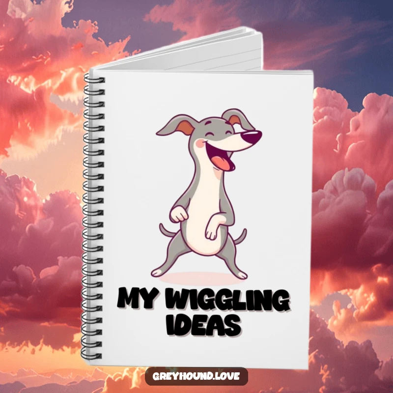 Funny Greyhound Notebook with a greyhound wiggling its body with pure joy, symbolizing energetic thoughts and happy note-taking.