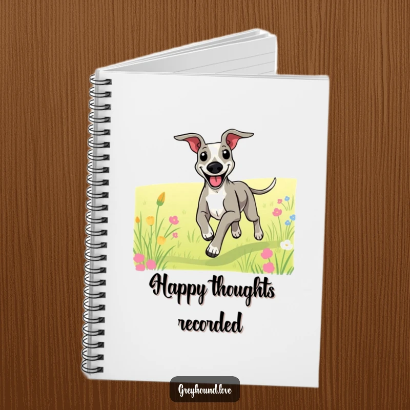 Funny notebook cover with a greyhound sporting a huge smile, running energetically through a field.
