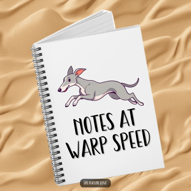 A notebook featuring a sleek greyhound leaping gracefully, its ears trailing, ideal for capturing ideas.