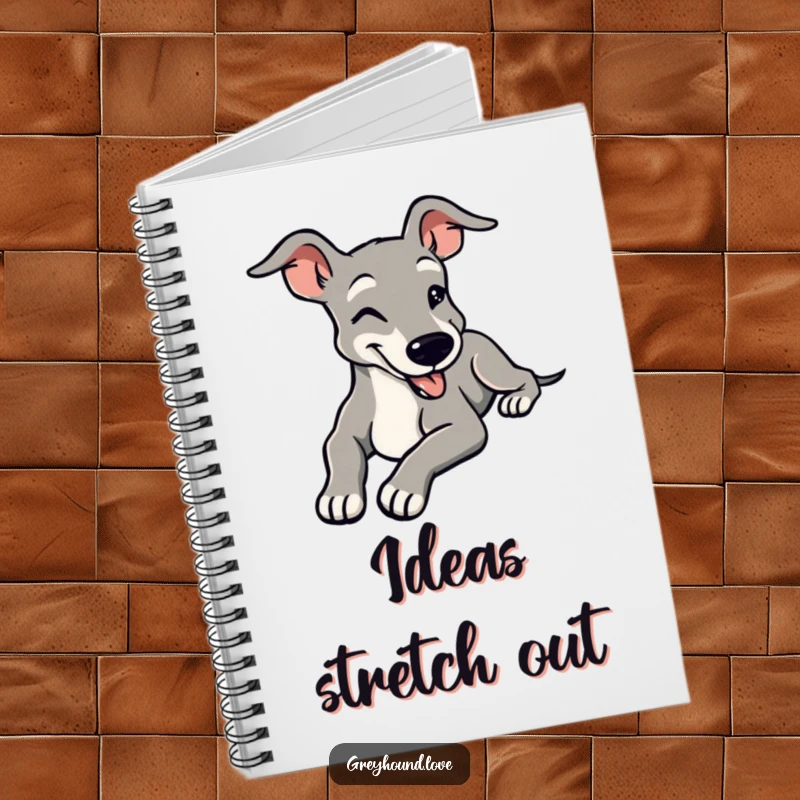 Funny notebook featuring a stylized greyhound stretching languidly with a contented smile, ideal for jotting down peaceful thoughts and reflections.