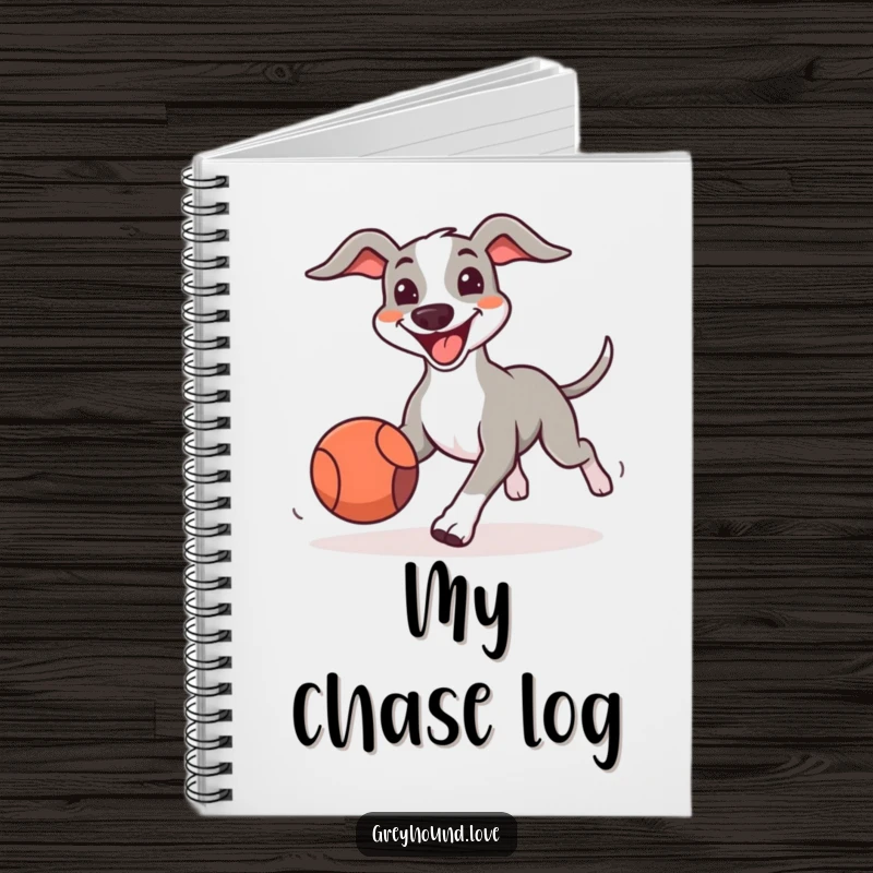 Funny Greyhound Notebook featuring a big-smiling dog excitedly chasing a bouncing ball, ideal for recording playful thoughts and ideas.
