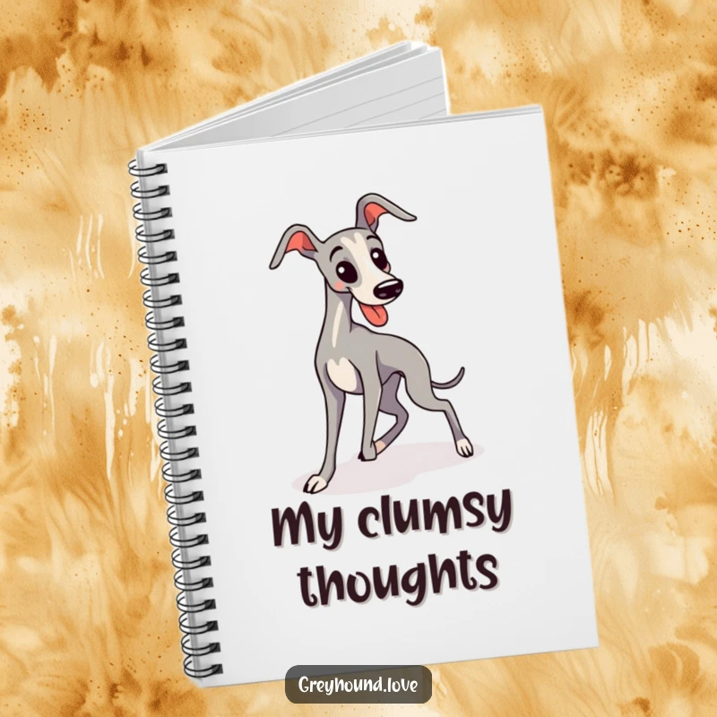 Funny, sleek, kawaii greyhound comically trips over its long legs on this notebook, ideal for jotting down humorous notes.