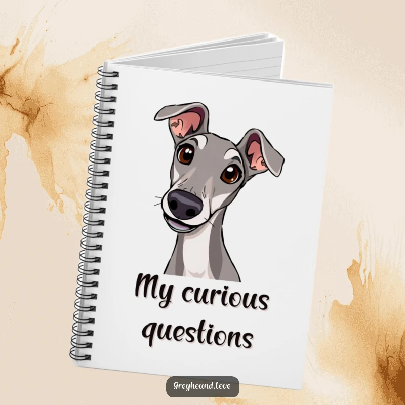 A notebook cover showing a greyhound tilting its head with wide, curious eyes, ready for notes.