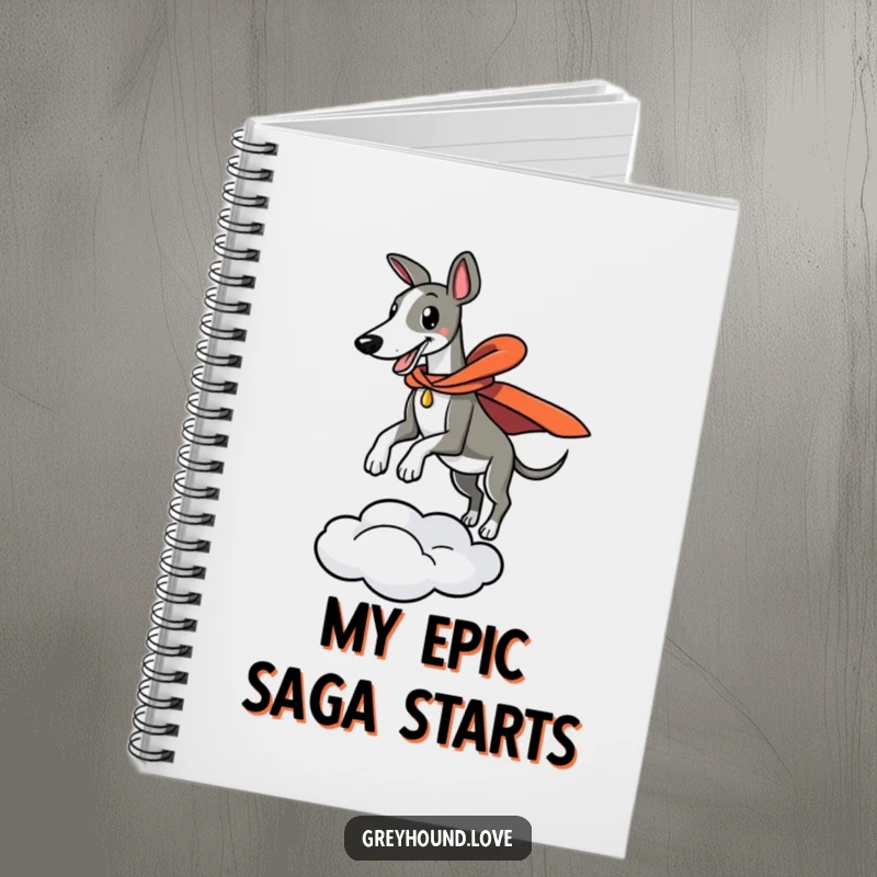 Funny notebook cover art of a greyhound heroically leaping from a cloud, inspiring bold ideas and dramatic writing.