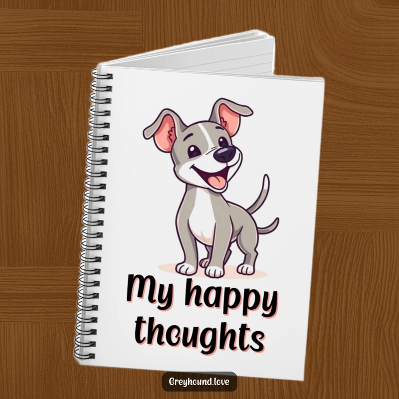 A notebook cover displaying a greyhound enthusiastically wagging its tail, ready for writing.