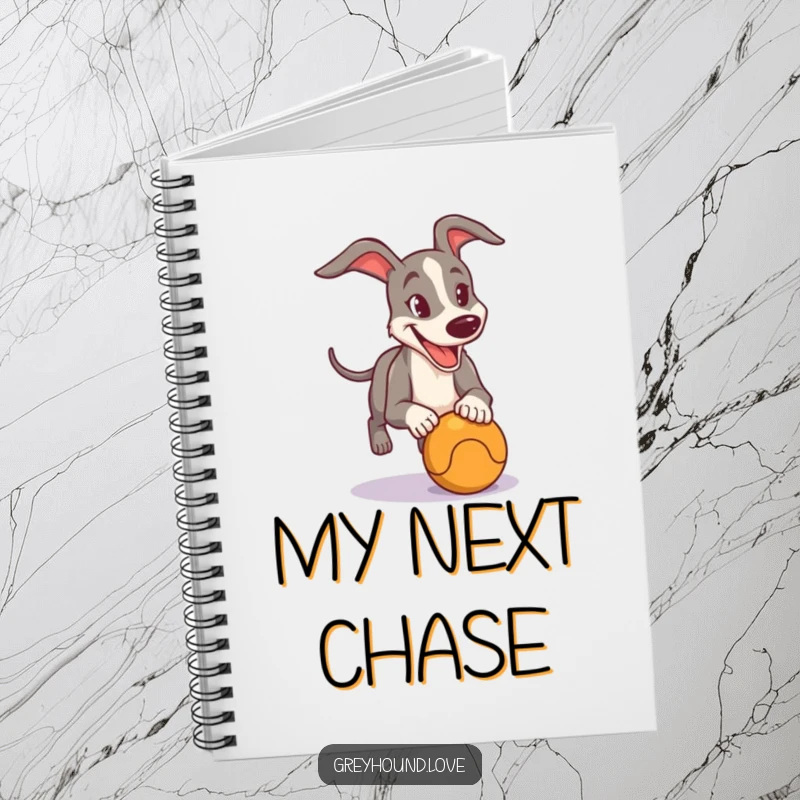 Funny Notebook with a determined greyhound character chasing a ball, ideal for noting goals, ideas, and plans.