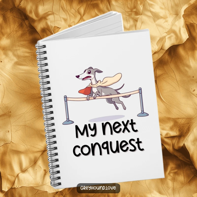 Funny greyhound wearing a cape, crossing a finish line, on the cover of a notebook for writing.
