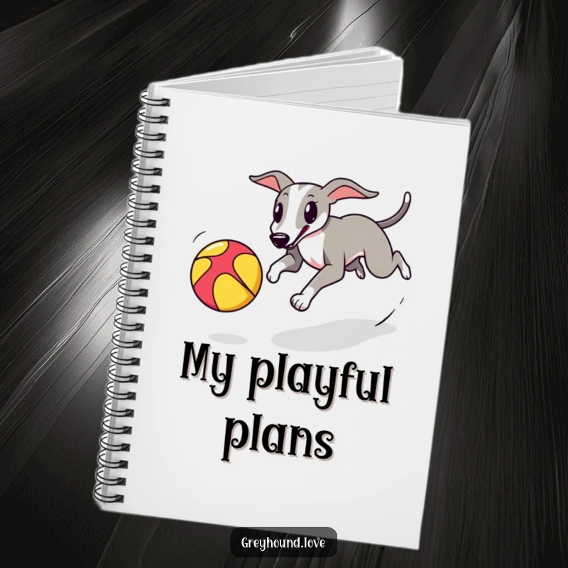 A notebook cover showing a greyhound playfully chasing a colorful bouncing ball, ready for writing.