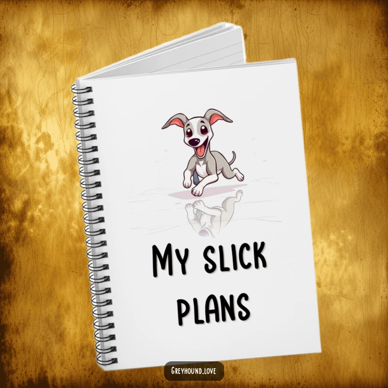 Funny slender greyhound playfully sliding with tongue out on this notebook, ideal for jotting down humorous notes.