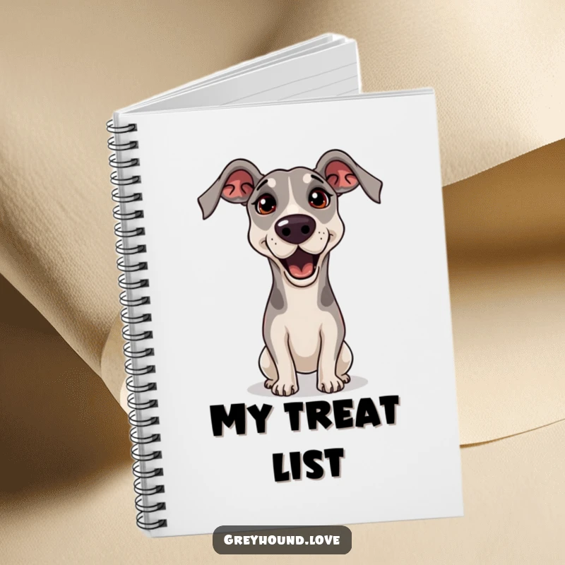 Funny Greyhound Notebook with a greyhound begging, head tilted, and pleading eyes, symbolizing adorable note-taking and sweet thoughts.