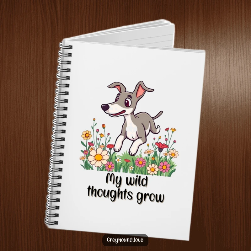 Funny notebook cover art of a surprised greyhound tumbling through flowers, inspiring playful and unexpected thoughts.