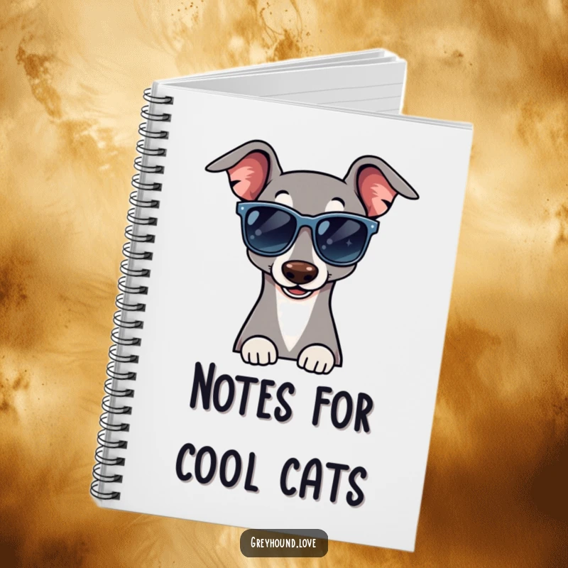 Funny notebook cover with a greyhound in large sunglasses giving a cool wink, ready for your notes.