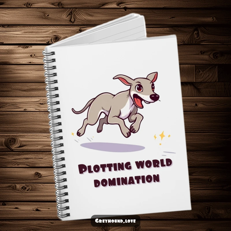 Funny greyhound with a determined look sprinting towards a distant goal on the cover of a notebook.