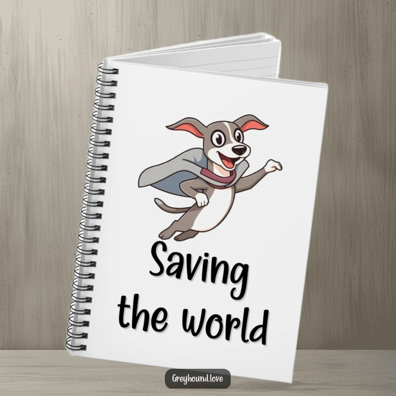 Funny Notebook: A greyhound in a superhero cape leaps with exaggerated funny enthusiasm, inspiring heroic ideas.