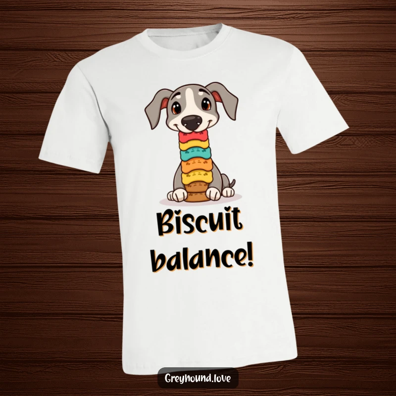 Funny greyhound t-shirt, a skilled dog balancing a colorful stack of biscuits perfectly on its nose.