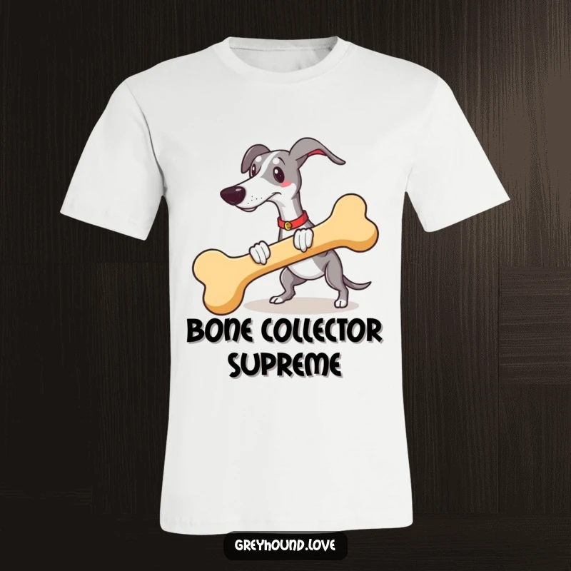 Funny greyhound character excitedly running with a giant novelty bone, capturing the fun of fetching.