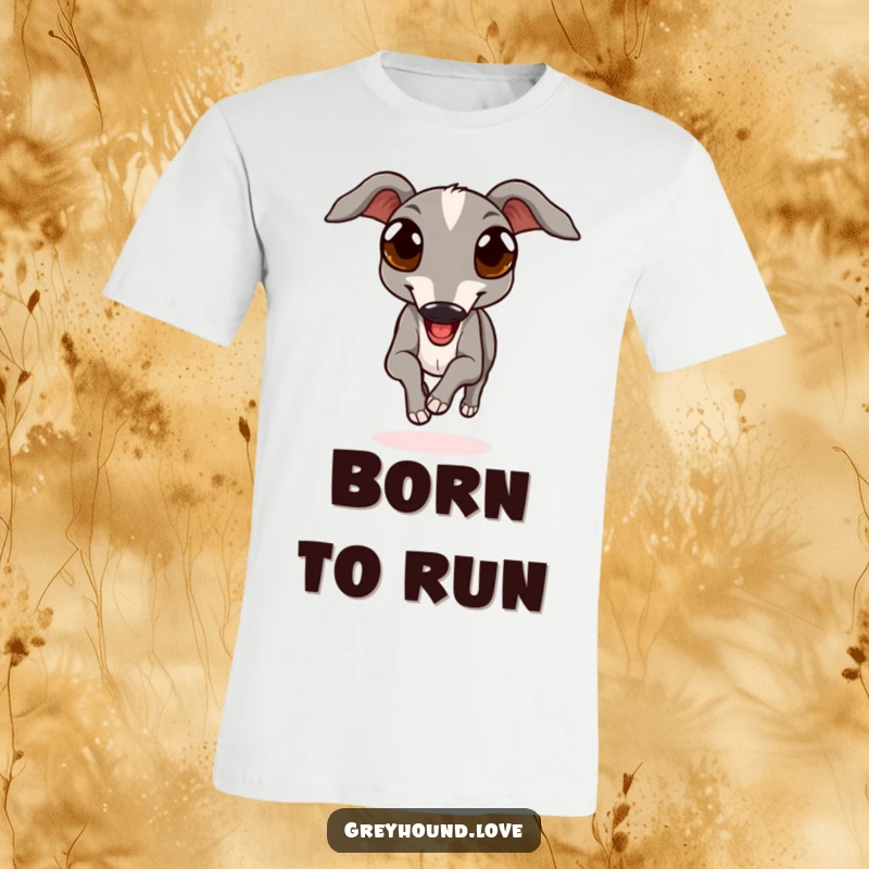 Funny t-shirt depicting a graceful greyhound with large, expressive eyes running freely, embodying pure canine joy and speed.