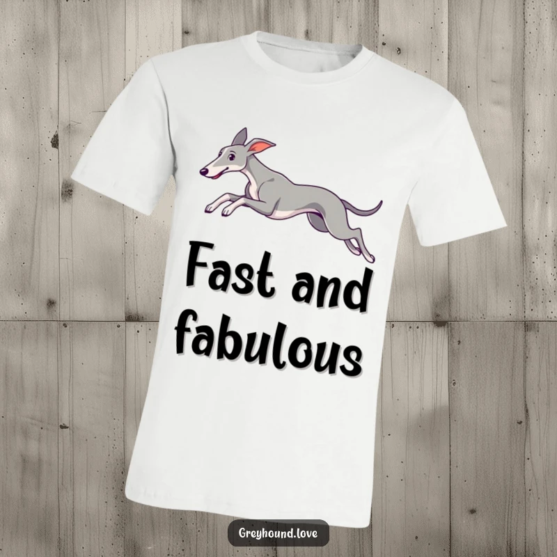 A sleek greyhound leaps gracefully with ears trailing behind, printed on a comfortable t-shirt for dog enthusiasts.