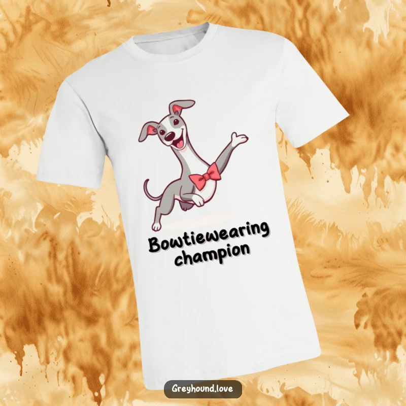 Funny t-shirt with a greyhound wearing a tiny bowtie, captured mid-slide in a triumphant and athletic victory pose.