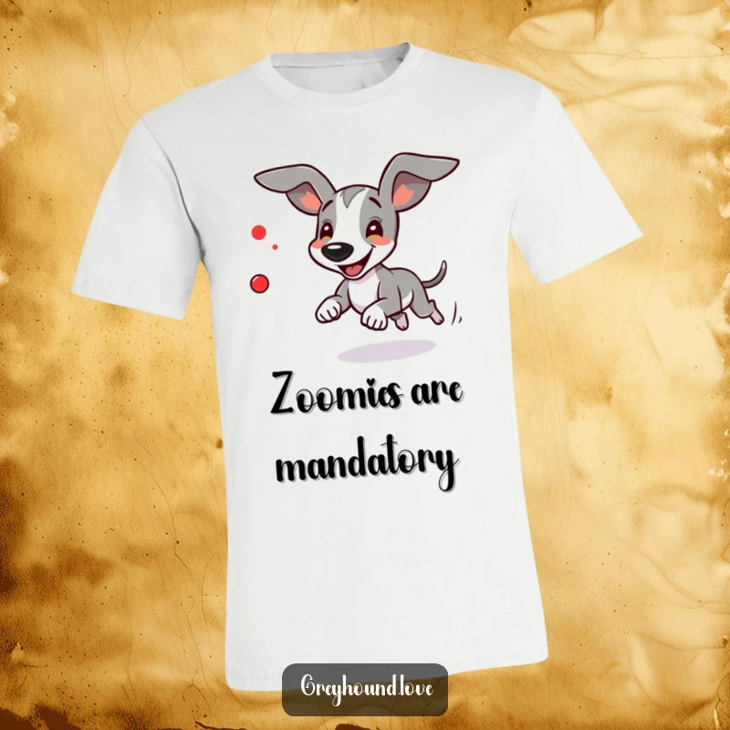 Funny Greyhound T-Shirt: A greyhound with wind-blown ears intensely chasing a tiny red dot.