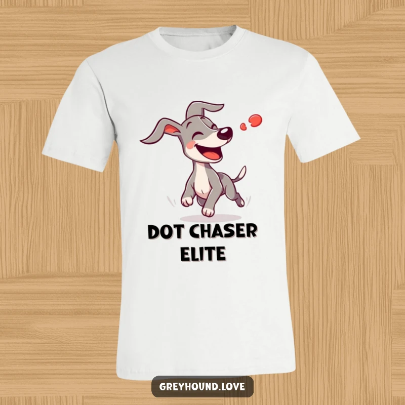 Funny joyful greyhound with ears flapping wildly in pursuit of a blurred red dot, showing energetic and humorous focus, ideal apparel.