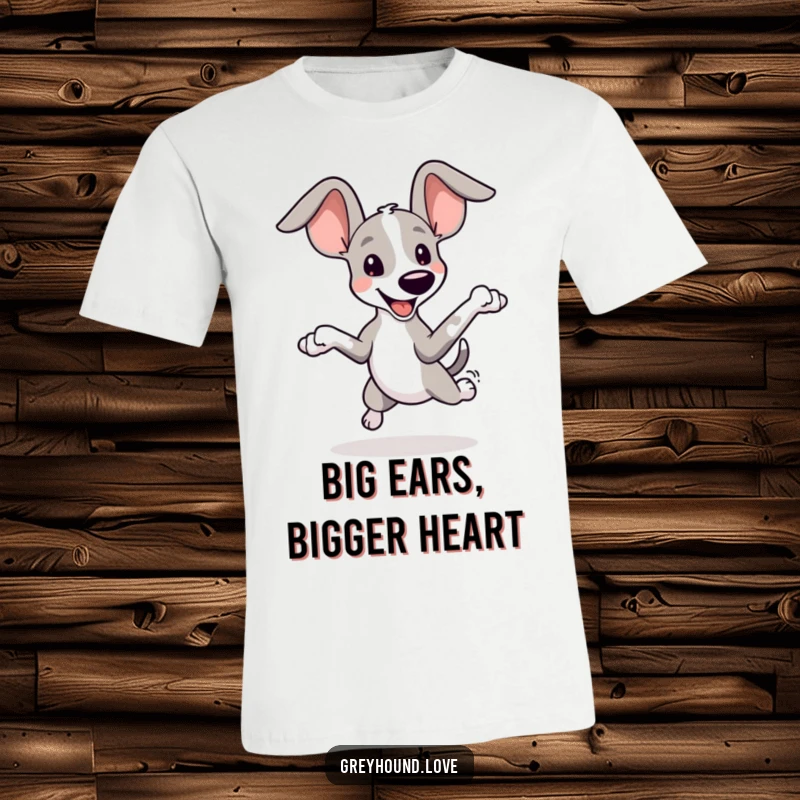 Funny Greyhound Ears T-Shirt: A playful greyhound with comically oversized ears leaps with pure joy, ready to brighten your day.