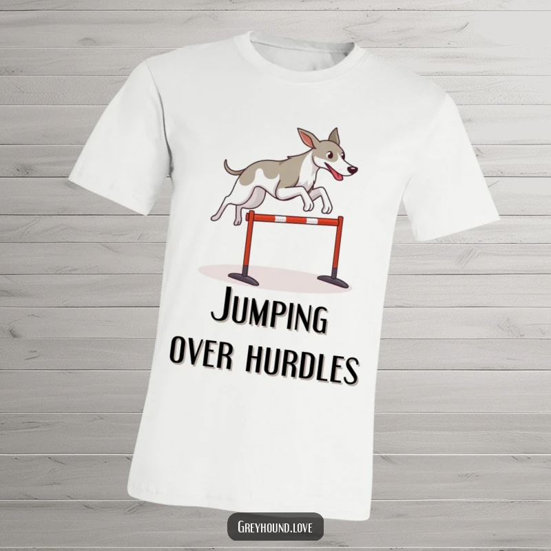 Funny Greyhound t-shirt featuring a stylized dog dynamically leaping over a small hurdle, symbolizing achievement and fun.