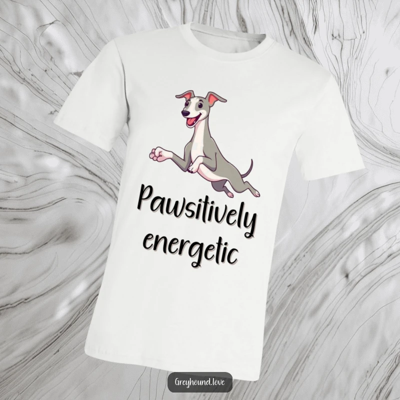 Funny greyhound t-shirt featuring a sleek dog with oversized paws leaping with unbridled joy, celebrating canine exuberance.