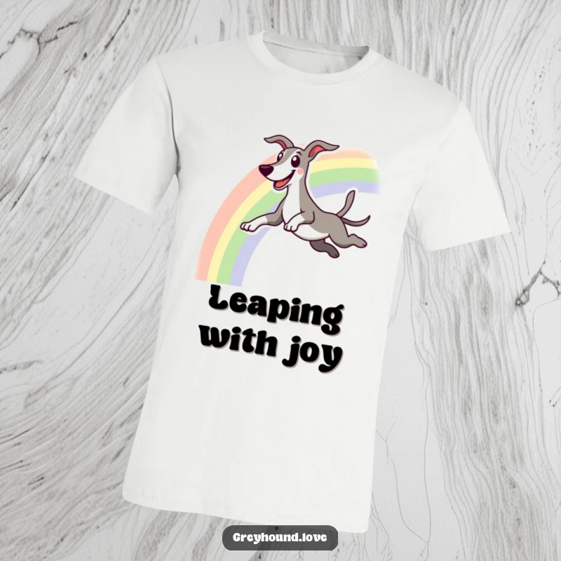 Funny t-shirt depicting an excited greyhound character leaping joyfully over a colorful rainbow with a happy grin.
