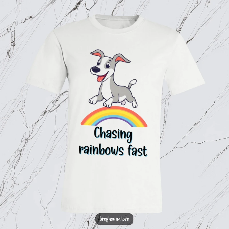 Funny greyhound t-shirt, an excited dog gracefully leaping over a colorful rainbow with a joyous expression.