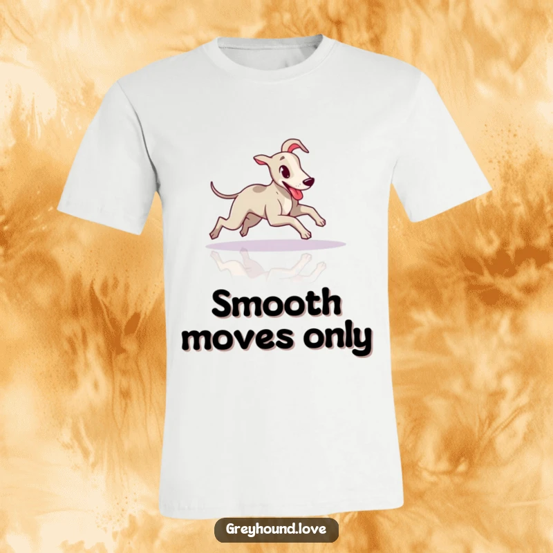 Funny Greyhound T-Shirt: A greyhound sliding across a shiny floor with its tongue playfully sticking out.
