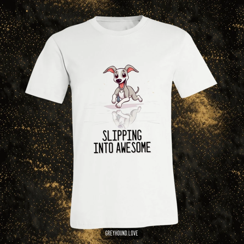 Funny slender greyhound playfully sliding across a floor with tongue out, embodying sleek fun and humorous joy, ideal apparel.