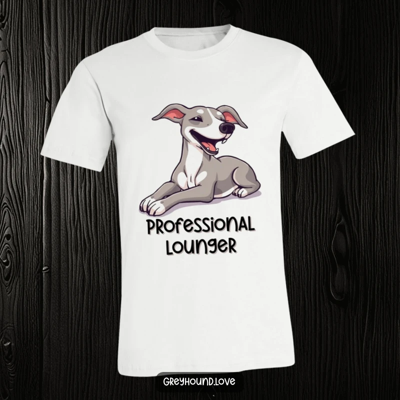Funny greyhound in a luxurious stretch pose, exhaling a happy sigh, perfect for comfort lovers.