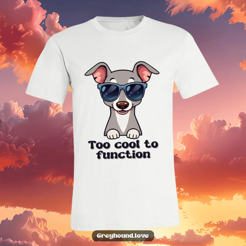 Funny t-shirt with a greyhound wearing huge sunglasses and giving a cheeky wink, radiating effortless cool.