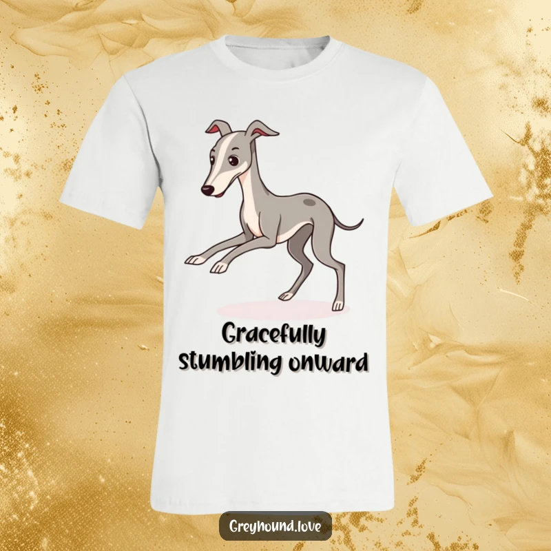 A kawaii greyhound character comically tripping over its long legs, depicted on a soft t-shirt.