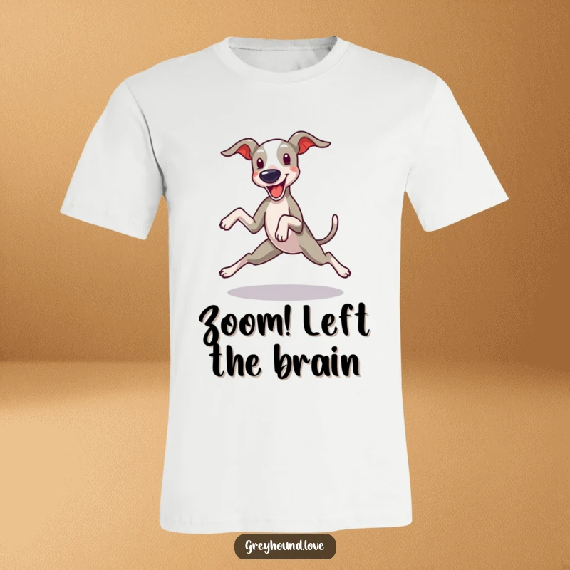 Funny Greyhound T-Shirt: A greyhound performing a playful zoomie with legs comically splayed, embodying pure canine fun.