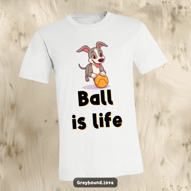 Funny T-Shirt depicting a focused and happy greyhound in full stride, intensely chasing a red ball with glee.