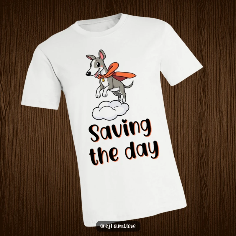 Funny T-shirt graphic of a greyhound with a dramatic cape soaring through the air, leaping heroically from a small cloud.