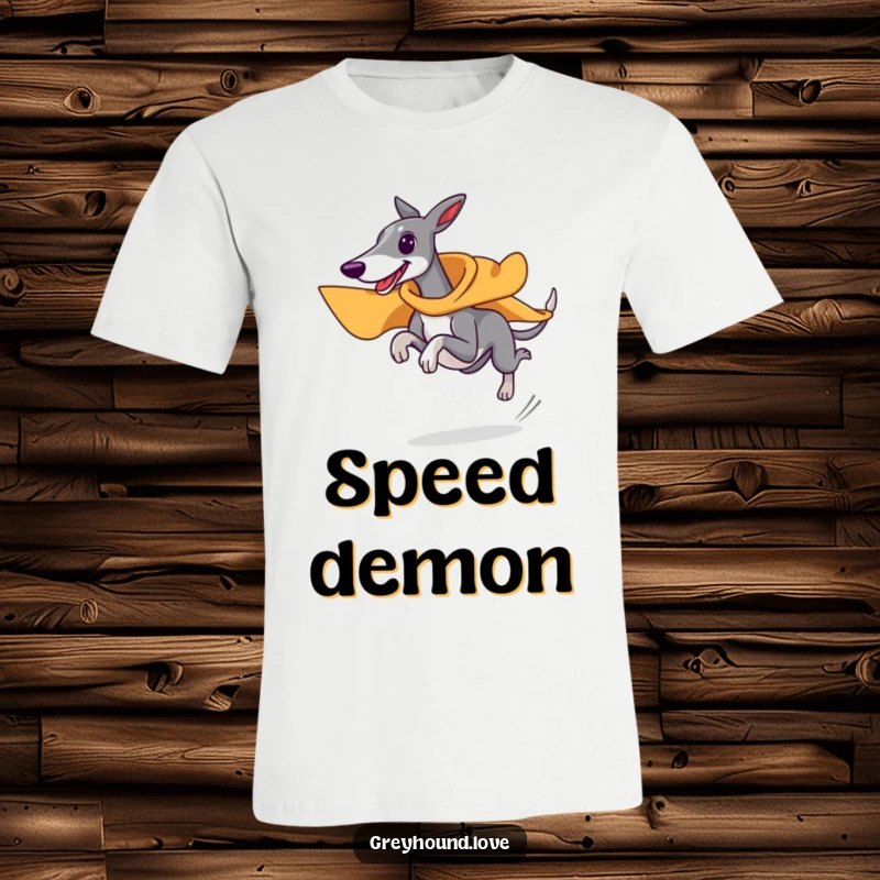 Funny superhero greyhound t-shirt, wearing a tiny cape, running at top speed, heroic and fast dog graphic, ideal funny gift.