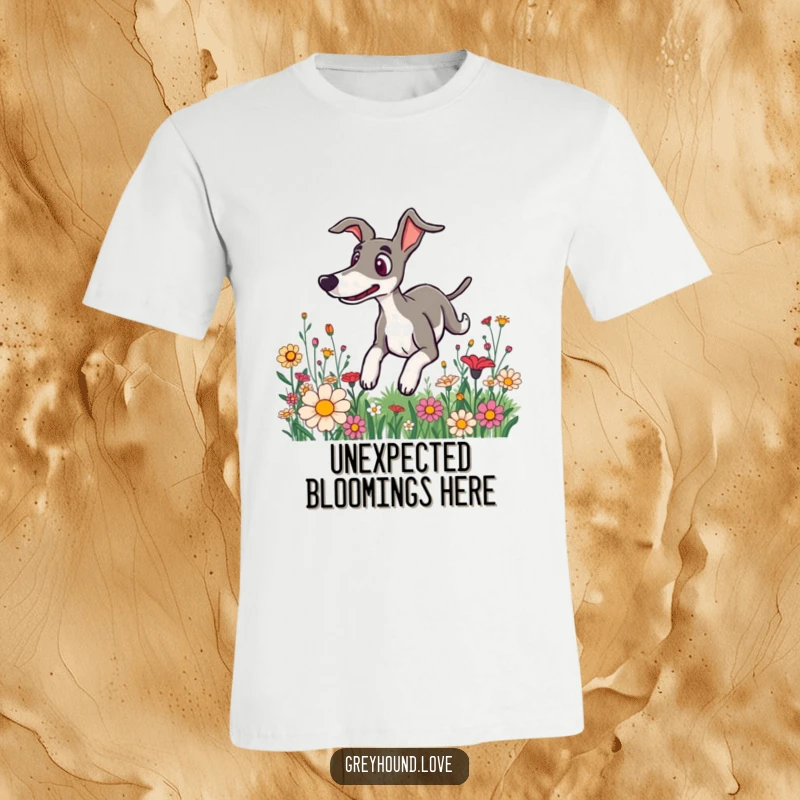 Funny T-shirt graphic of a greyhound with wide, surprised eyes, comically tumbling amidst a dense field of blooming flowers.