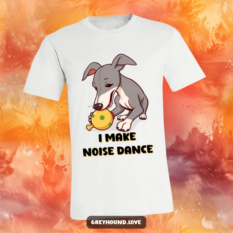 Funny t-shirt featuring a greyhound dog intensely focused on nudging its squeaky toy with playful abandon.